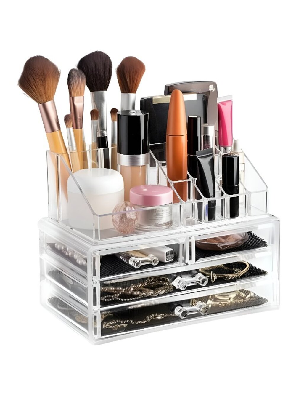 Clear Makeup Organizer - 16-Compartment Cosmetic and Jewelry Holder